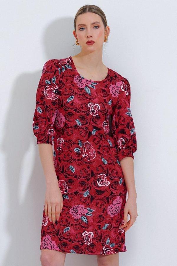 Bordo Gül Desenli Midi Elbise 2477 - Image 1