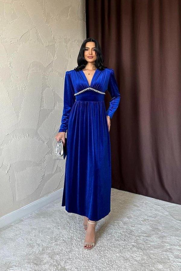 Saks Göğüs Altı Taşlı Elbise - Image 1