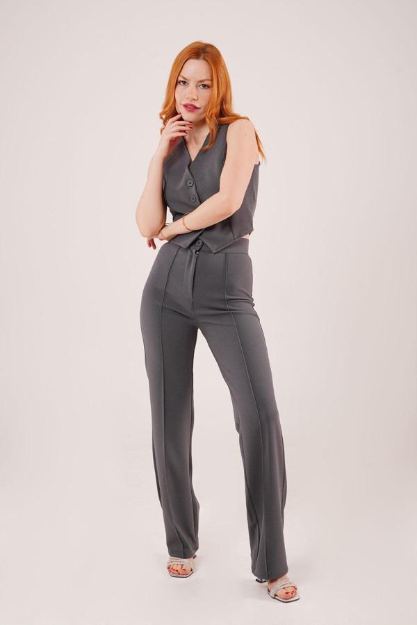 Ön Dikiş Detaylı Tek Düğme Gri Pantolon - Image 1