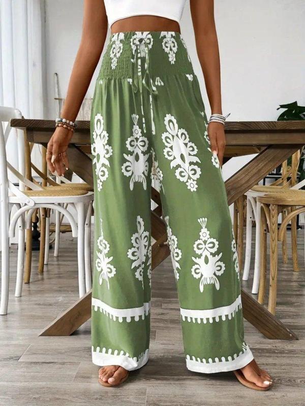 Kadın Yüksek Bel Büzgülü Etnik Desen Baskılı Süprem Pantolon - Image 1