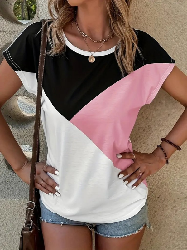 Kadın Bisiklet Yaka üç Renk Viskon T-shirt - Image 1
