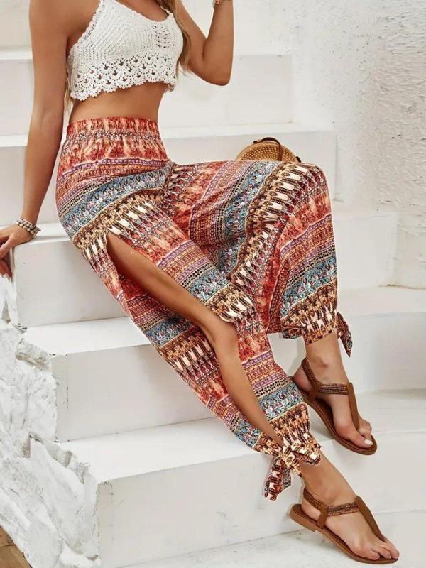 Kadın Yüksek Belli Yanlardan Yırtmaç Detaylı Desenli Bürümcük Pantolon - Image 1