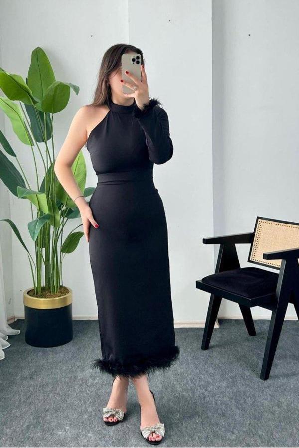 Siyah Eteği Tüllü Tek Kol Elbise - Image 1