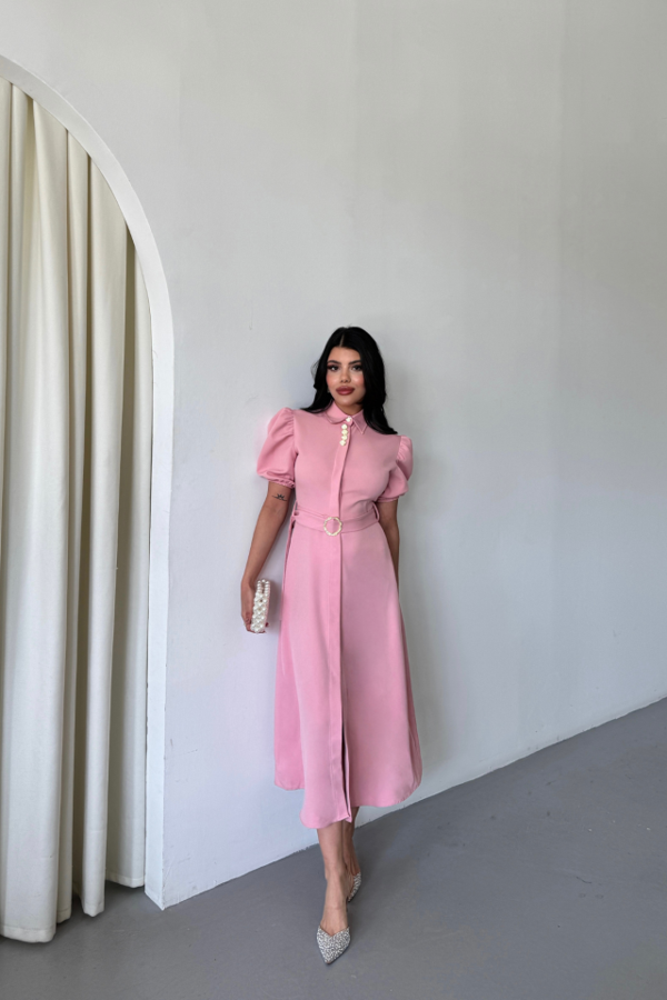 YAKA DÜĞME DETAYLI ELBİSE- Pembe - Image 1