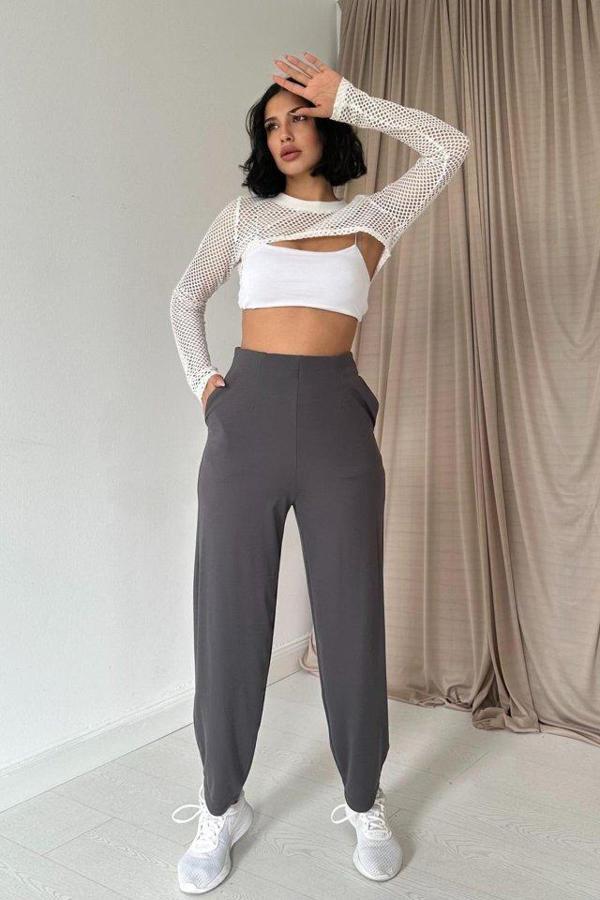 Füme Pensli Lastik Detaylı Pantolon - Image 1