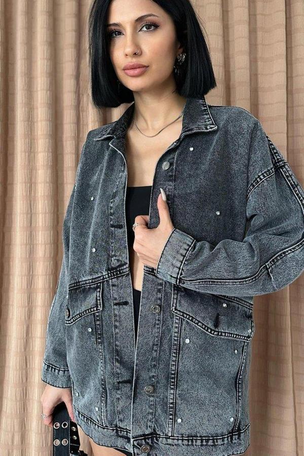 Siyah Taşlı Kot Ceket - Image 1