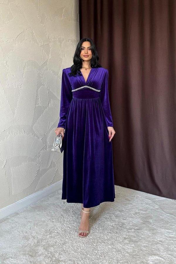 Mor Göğüs Altı Taşlı Elbise - Image 1