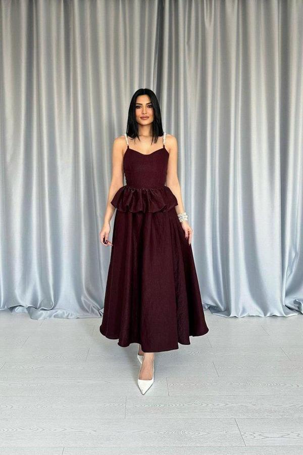 Bordo Beli Büzgülü İnci Askılı Uzun Elbise - Image 1