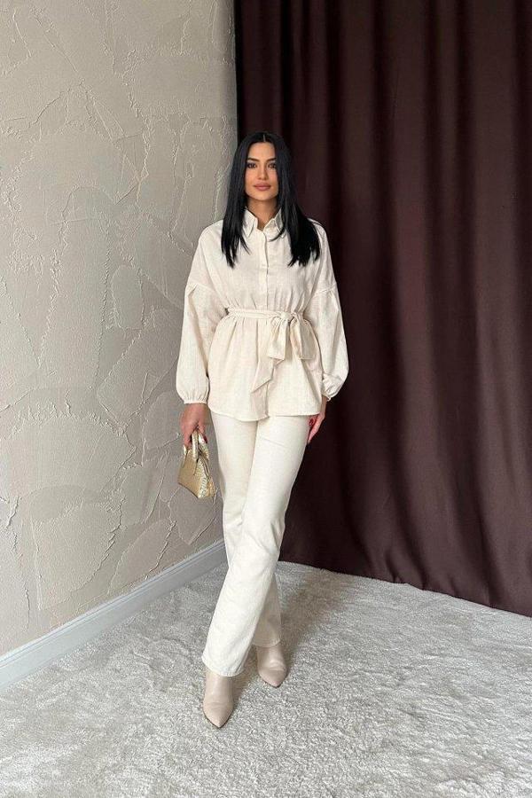 Bej Petek Jakar Kumaşlı Gömlek - Image 1