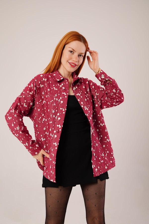 Eskitme Görünümlü Denim Bordo Gömlek - Image 1