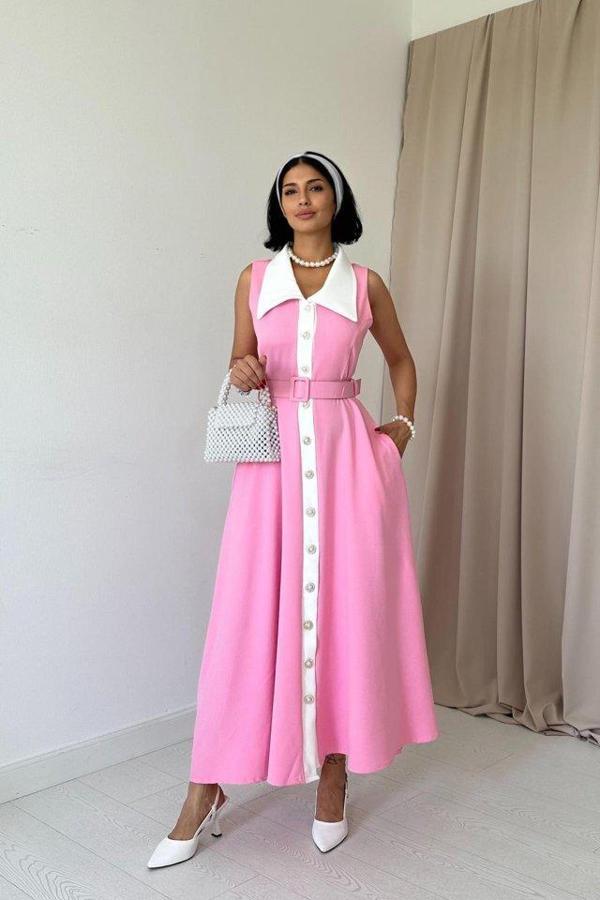 Pembe Geniş Yakalı Halter Kollu Elbise - Image 1