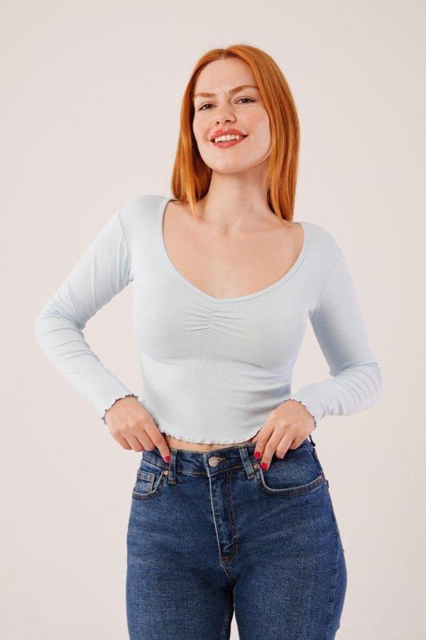 Geniş Yaka Bebe Mavisi Basic Body Bluz - Image 1
