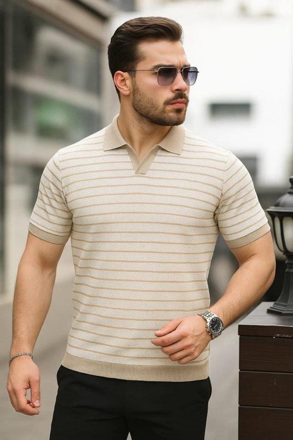 Erkek Kısa Kollu çizgi Desenli örme Kumaş Tshirt - Image 1