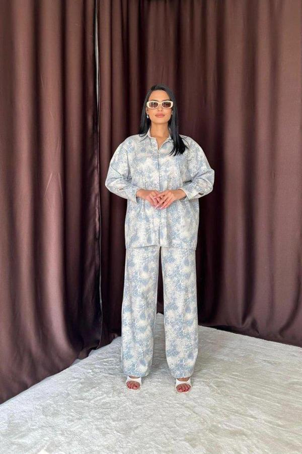 Mavi Leopar Desenli Ceket Ve Pantolon Keten Takım - Image 1