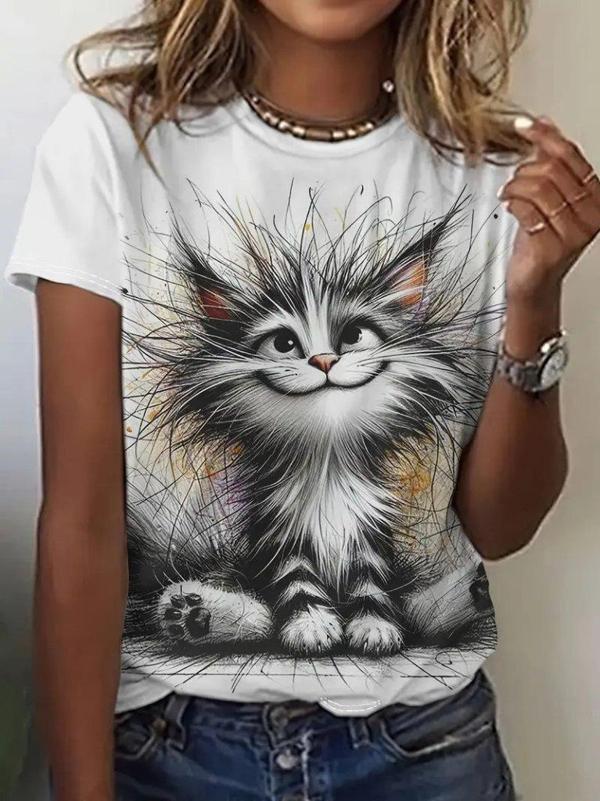 Kadın Kısa Kollu Bisiklet Yaka Kedi Baskılı Süprem Bluz - Image 1