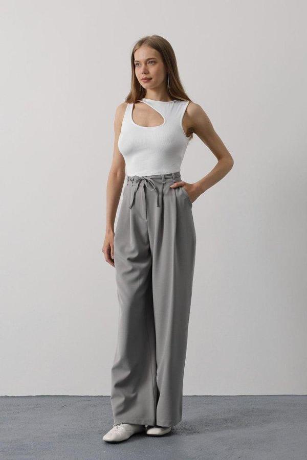 Pileli Bağcıklı Oversize Pantolon - Gri - Image 1