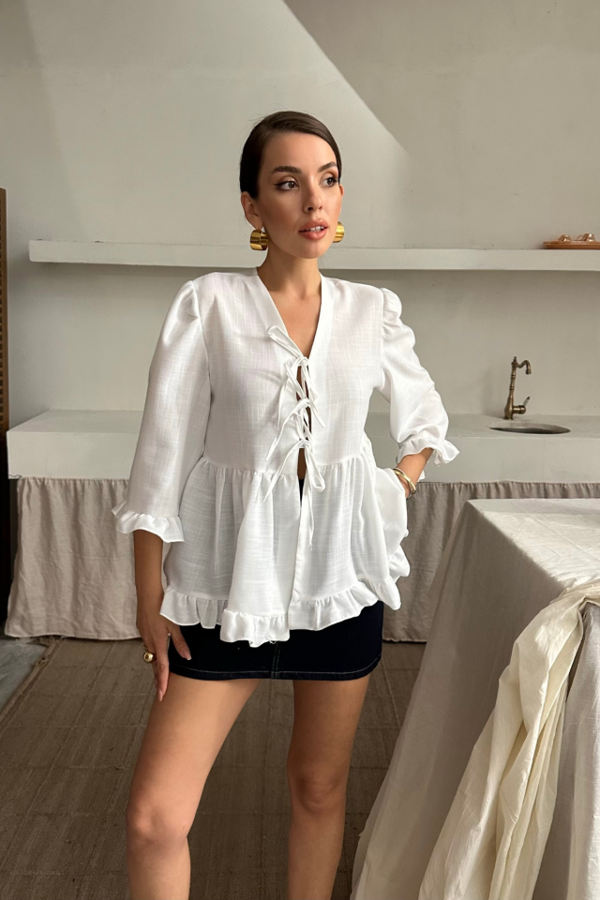 KETEN BLUZ ÖNDEN BAĞLAMALI FIRFIR DETAYLI - Beyaz - Image 1
