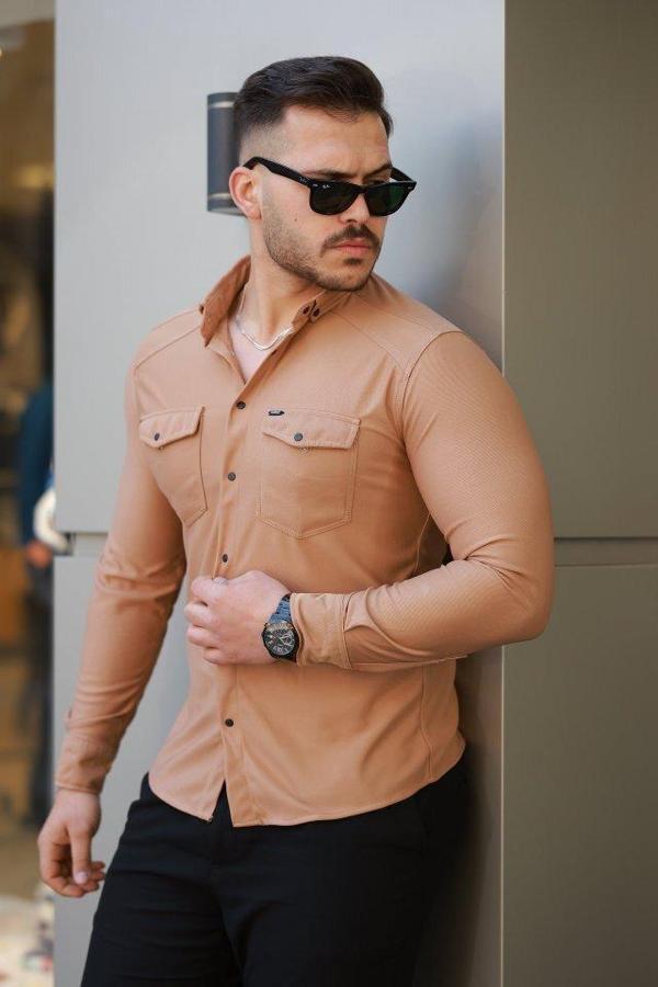 Erkek çift Cepli çıtçıt Düğmeli Uzun Kollu Gömlek - Image 1