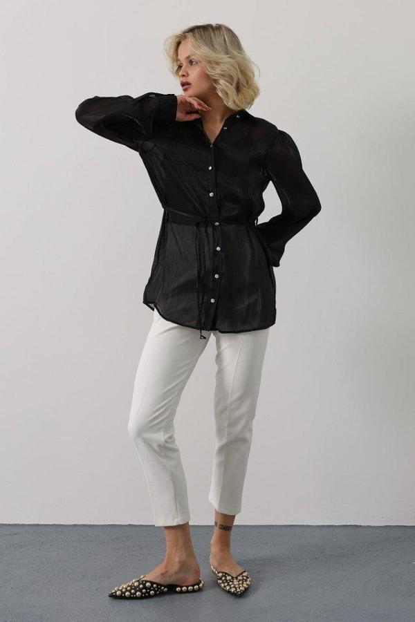 Belden Bağlamalı Uzun Kol Gömlek - Siyah - Image 1