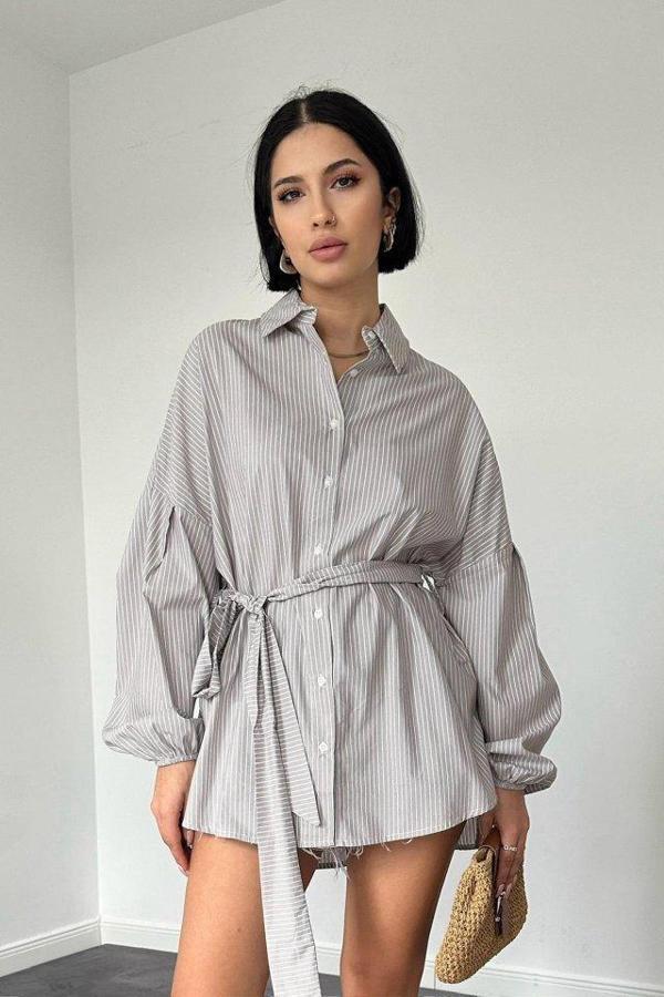 Kahverengi Çizgili Poplin Kuşaklı Gömlek - Image 1