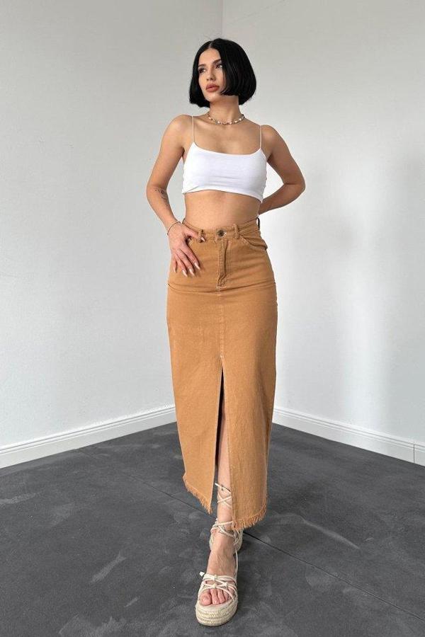 Camel Gabardin Boyamalı Püsküllü Etek - Image 1
