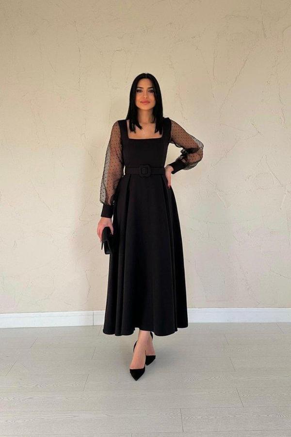 Siyah Kolları Organze Kuplu Elbise - Image 1