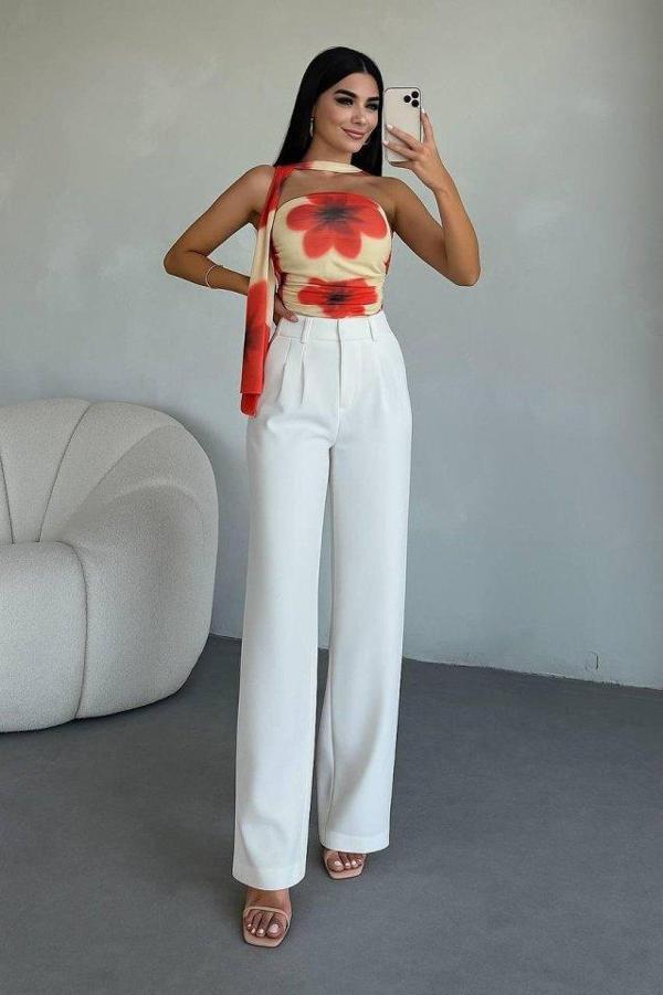 Kadın Yüksek Bel Plise Detay Bol Paça Pantolon - Image 1