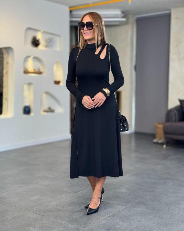 Kadın Uzun Kollu Balıkçı Yaka Omuzda Damla Detaylı Yırtmaçlı Krep Midi Elbise - Image 1