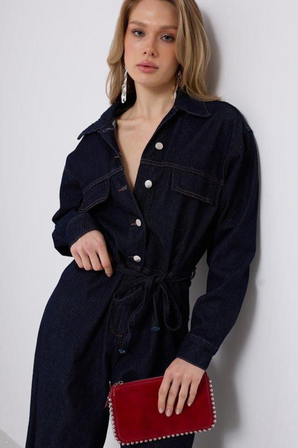 Düğme Detaylı Denim Tulum - Image 1