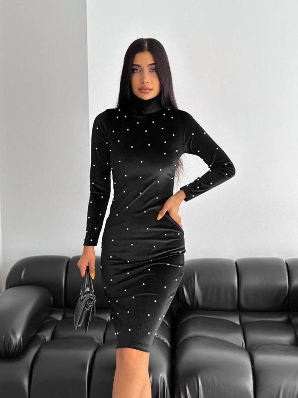 Kadın Balıkçı Yaka Inci Detay Fırsat ürün Kadife Kumaş Mini Elbise - Image 1