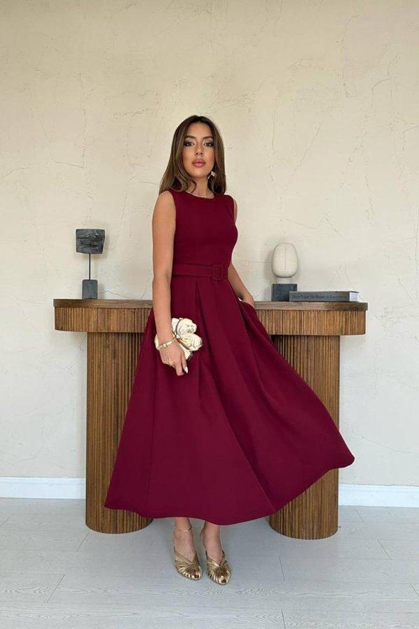 Bordo Halter Yaka Kloş Elbise - Image 1