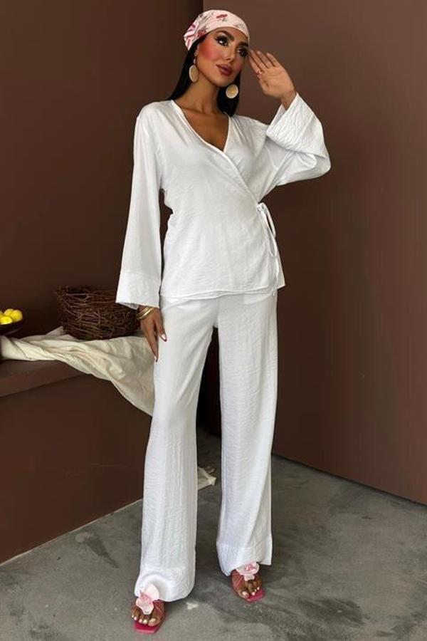 Kruvaze Model Klasik Pantolonlu Çupra Keten Takım 10191 - Image 1