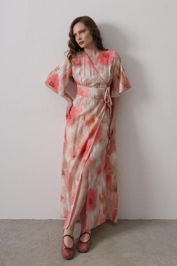 Yandan Bağlamalı Desenli Elbise - Pembe - Image 1
