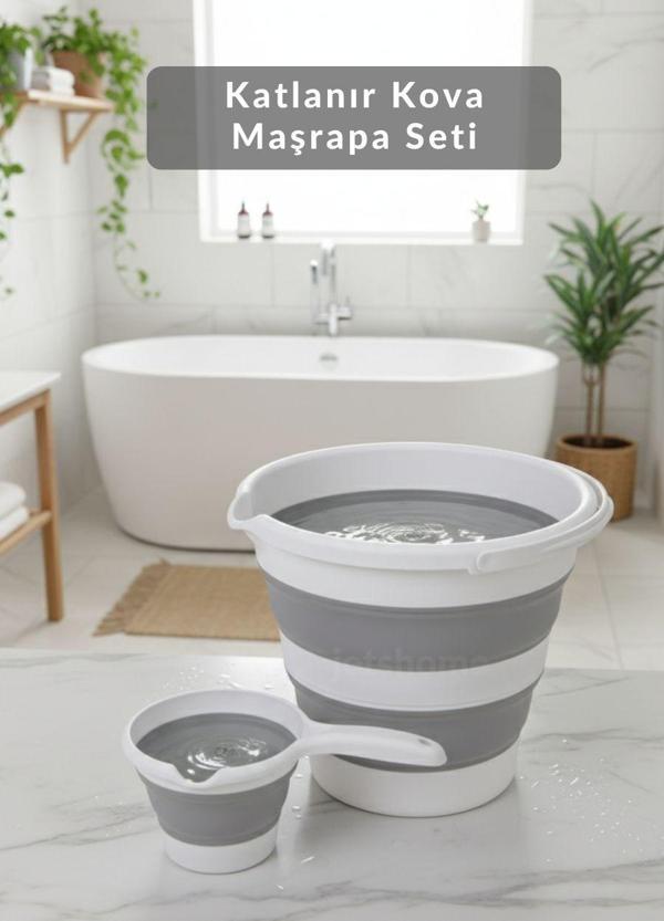2’li Katlanır Akordiyon Kova & Maşrapa Seti – Yer Tasarruflu, Gri-Beyaz Renk - Image 1