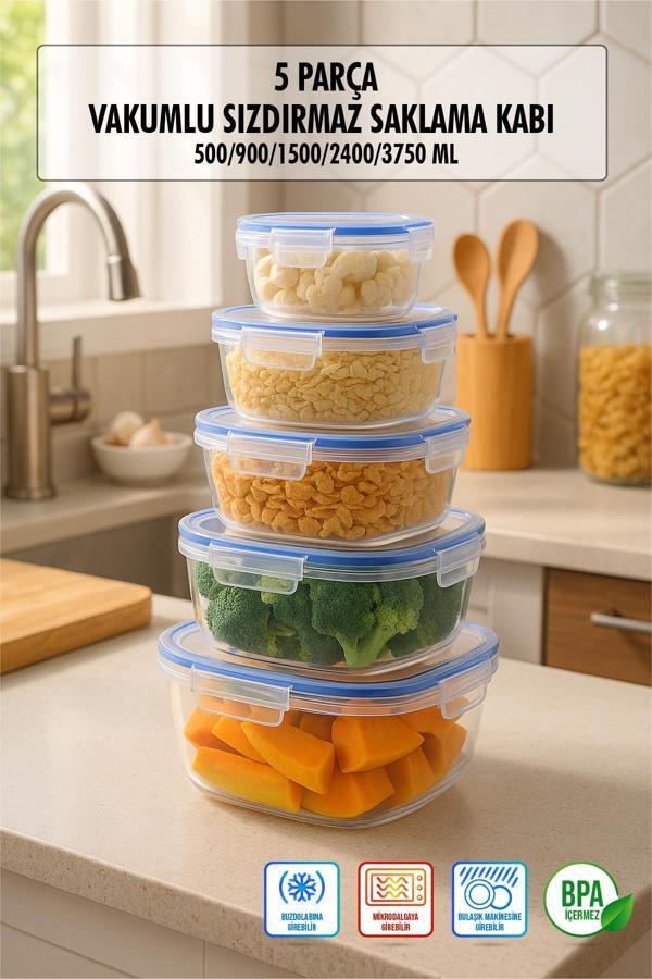 Kare 5 Parça Contalı Vakumlu Sızdırmaz Hava Almaz Saklama Kabı Seti (3750/2400/1500/900/500 Ml) - Image 1