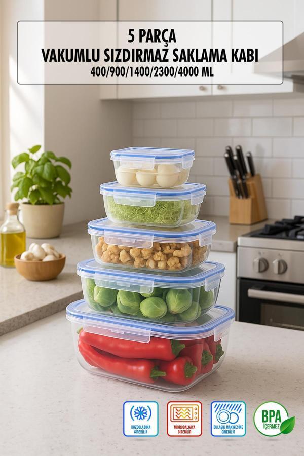 Dikdörtgen 5 Parça Contalı Vakumlu Sızdırmaz Hava Almaz Saklama Kabı Seti (4000/2300/1400/900/400 Ml) - Image 1