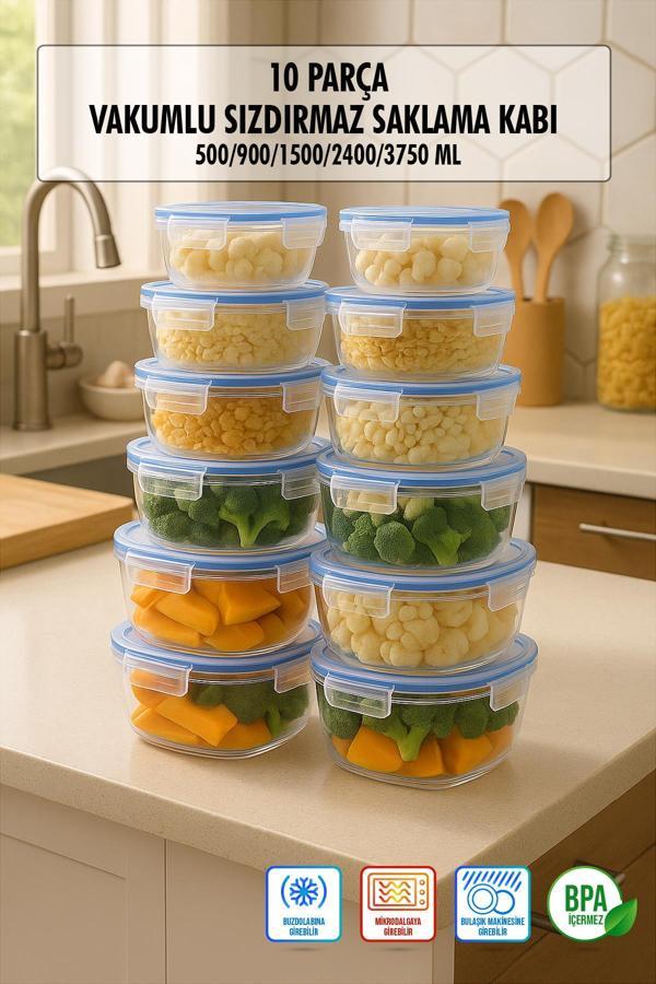 Kare 10 Parça Contalı Vakumlu Sızdırmaz Hava Almaz Saklama Kabı Seti 2x(3750/2400/1500/900/500 ml) - Image 1
