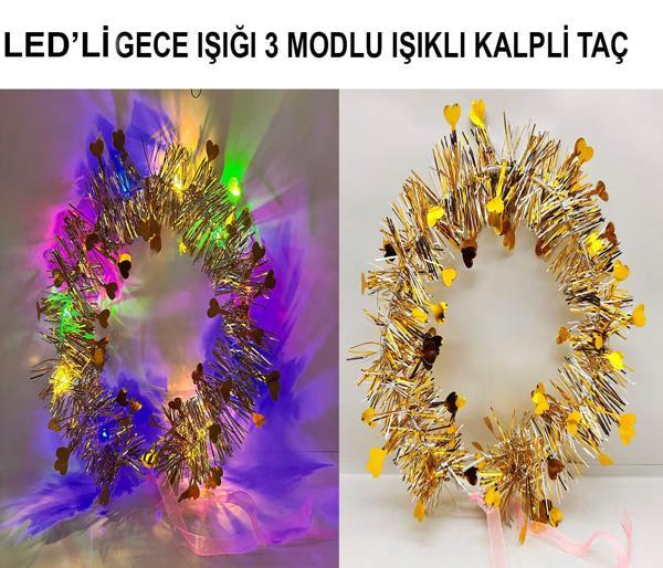 Kalp Püsküllü 3 Modlu LED Işıklı Taç Altın Renk - Image 1