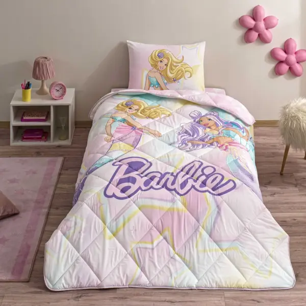 Taç Lisanslı Barbie Mermaid Tek Kişilik Pamuk Yorgan Seti - Image 1