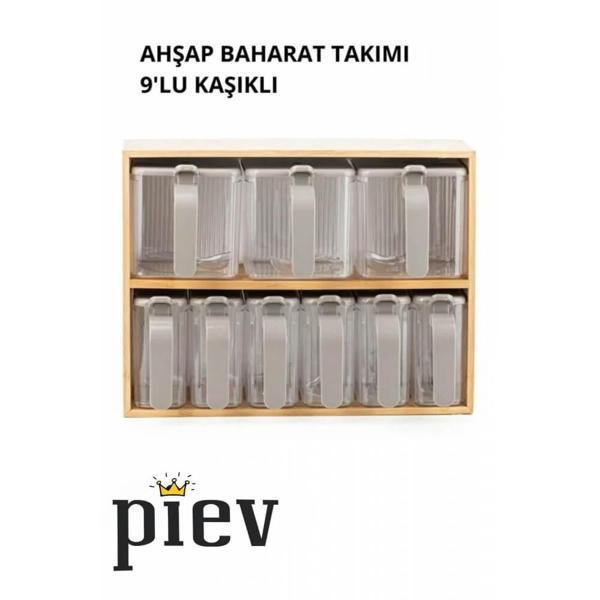 Piev Bambu Standlı Bölmeli Kapaklı ve Kaşıklı 9 Lu Şeffaf Baharatlık - Image 1