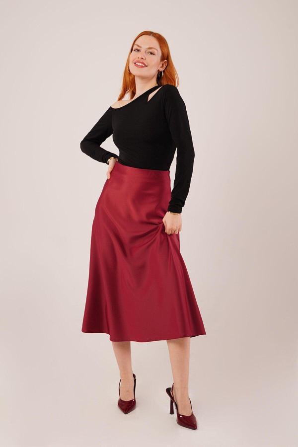 Çan Kesim Midi Bordo Saten Etek - Image 1
