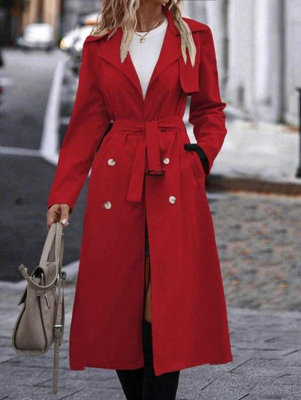 Kadın Uzun Kollu Yakalı önden Düğmeli Beli Kuşaklı Midi Gabardin Trençkot - Image 1