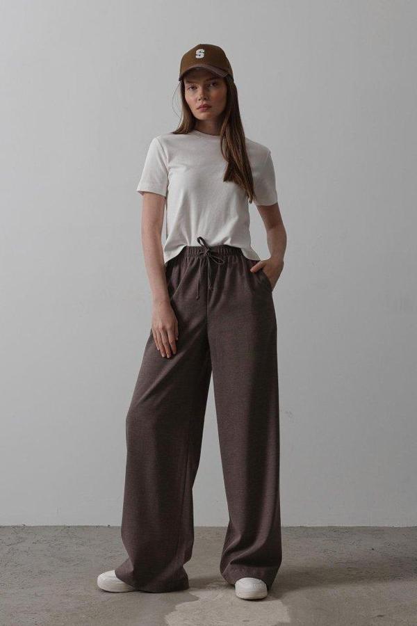 Beli Lastikli Bol Paça Pantolon - Kahve - Image 1