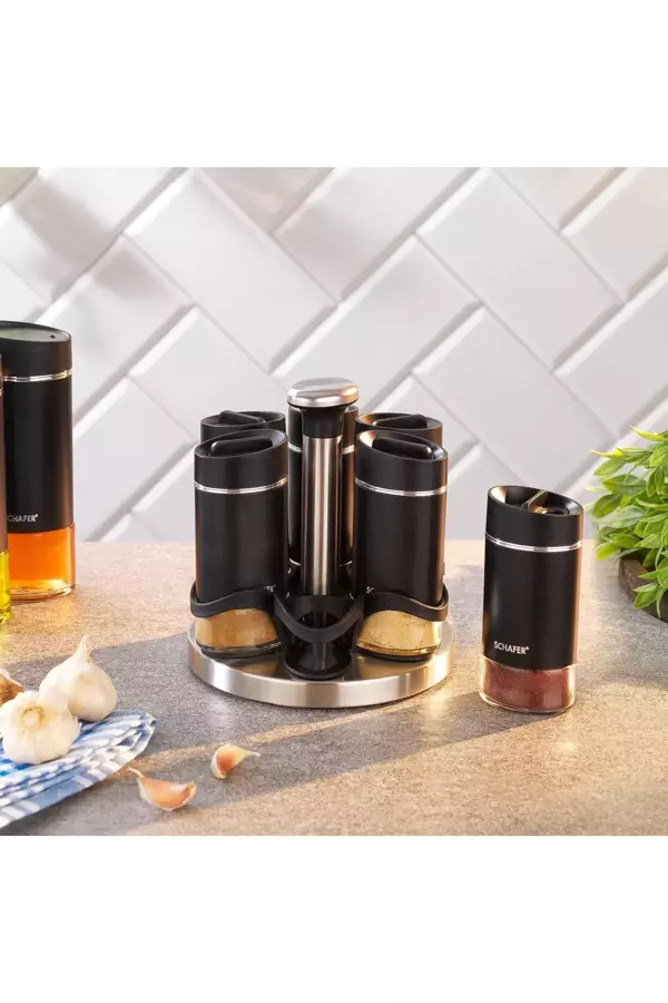 Schafer Silver Touch Döner Standlı Baharat Takımı 7 Parça Siyah - Image 1