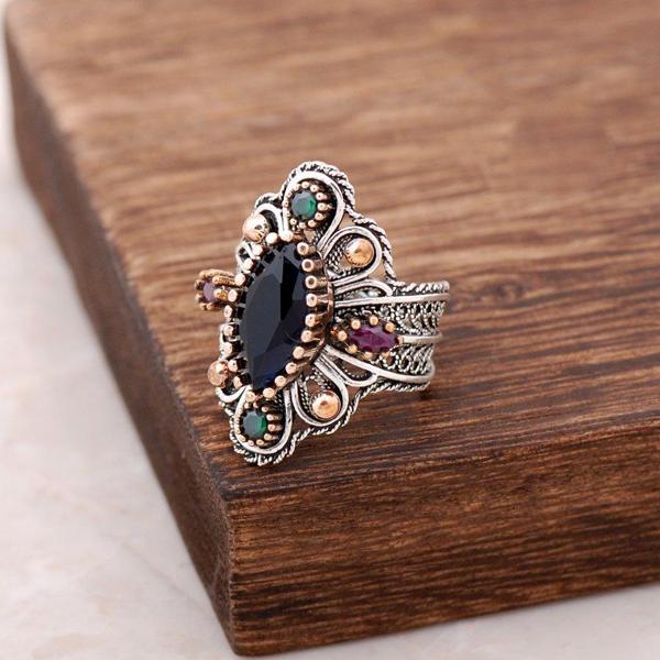 Safir Taşlı Telkari İşlemeli Gümüş Yüzük 2485 - Image 1