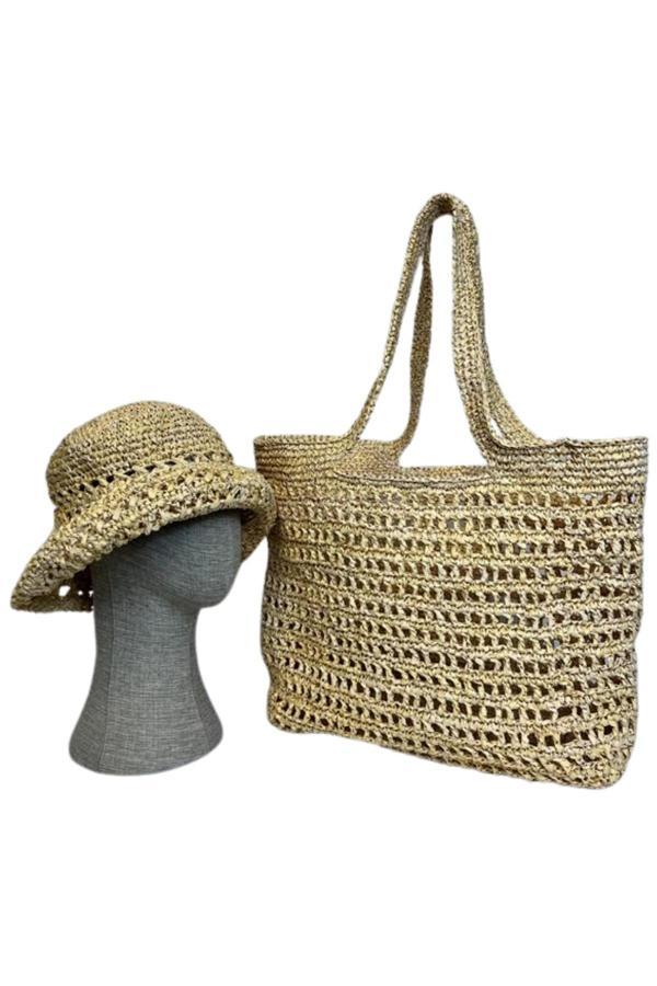 Uretti - Necla 4345 8391 El Yapımı Rafya İp Şapka ve File Model Omuz Çantası - 45 cm x 30 cm - Bej - Image 1