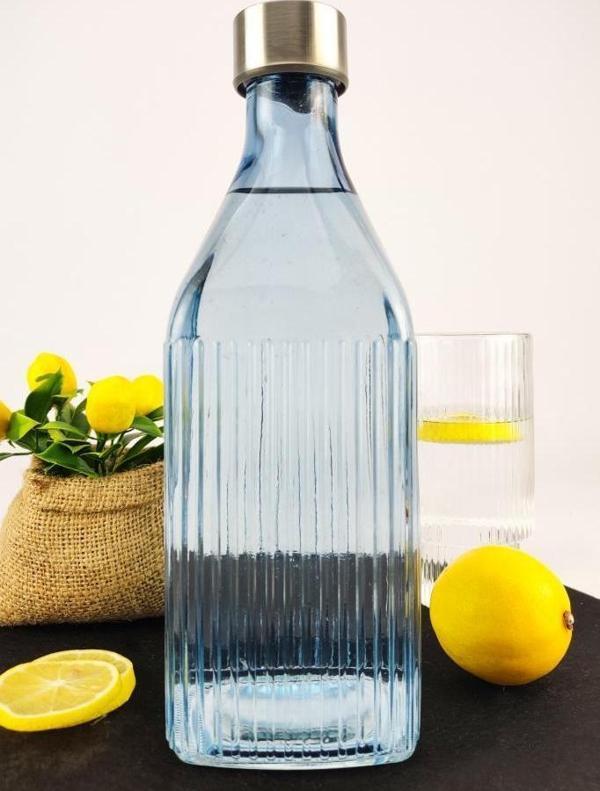 Digithome H2O Metal Kapaklı Cam Su Şişesi Başucu Sürahisi 1000 Ml Mavi - H2O89102 C1-1-18 - Image 1