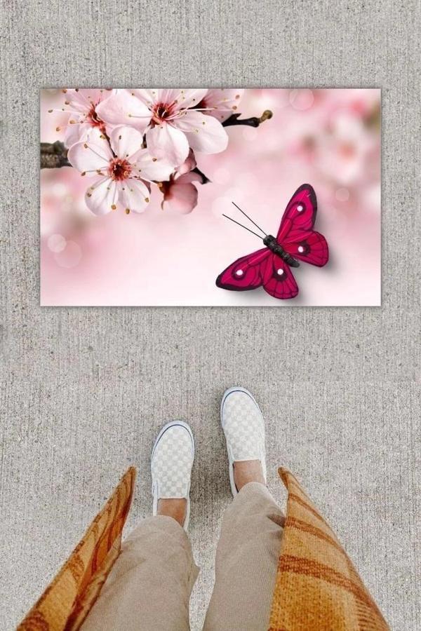 Dijital Baskı Dekoratif Kelebek Pembe Kapı Önü Paspası K-1232 - Image 1