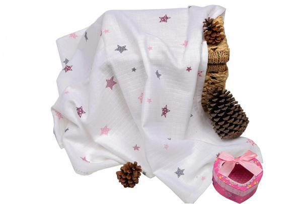 Sema Baby Çok Amaçlı Müslin Örtü 100x80 cm - Pembe Yıldız 8682476853124 - Image 1