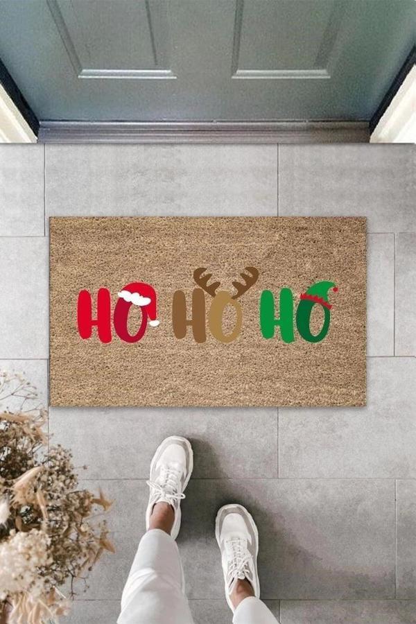 Dijital Ho Ho Ho Yazılı Kahverengi Kapı Paspası Dış Mekan Paspas K-3130 - Image 1